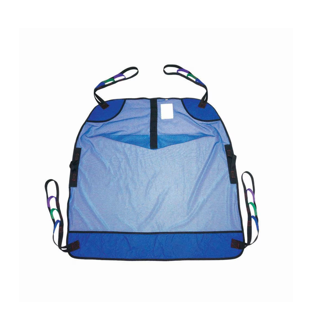 The Rhythm Slings For Patient Lifts, featuring blue and gray fabric with multiple black straps and colored handles, is shown laid flat on a white background. Specifications and warranty details are available upon request.